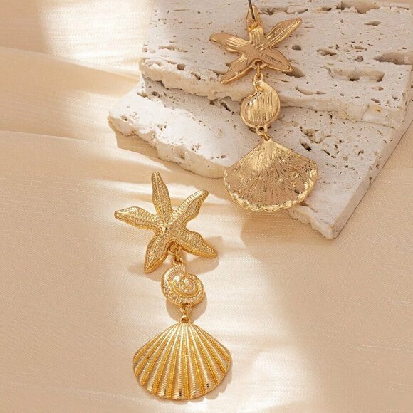Gold Casual Women's Starfish & Shell Dangle Earrings - Picture 5 of 11